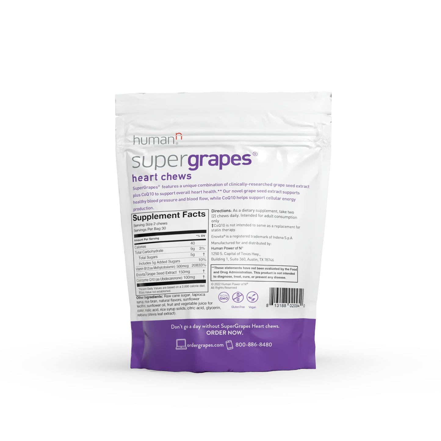 Humann SuperGrapes Chews – 100mg CoQ10 & Grape Seed Extract | From The Makers of SuperBeets, Grape Flavor, 60 Count