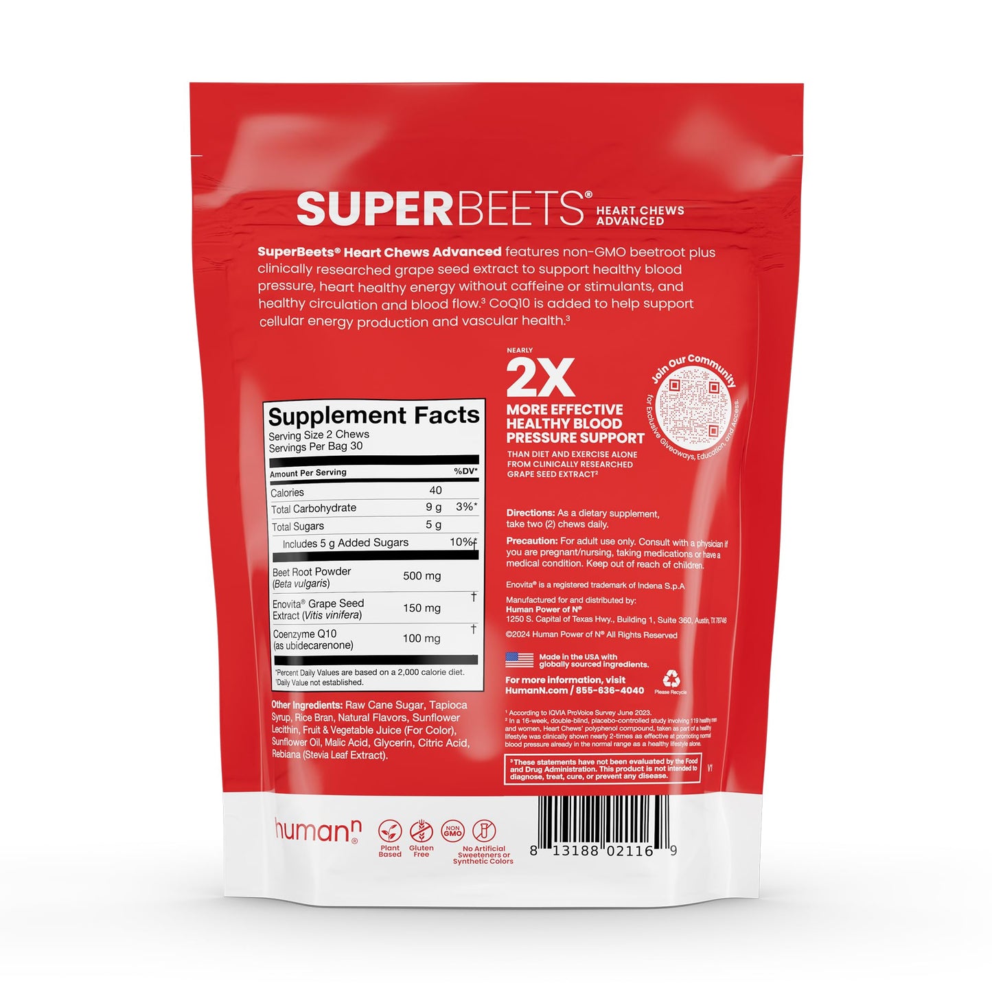 Humann SuperBeets Heart Chews Advanced – 100mg CoQ10 + Beetroot & Grape Seed, 60 Count