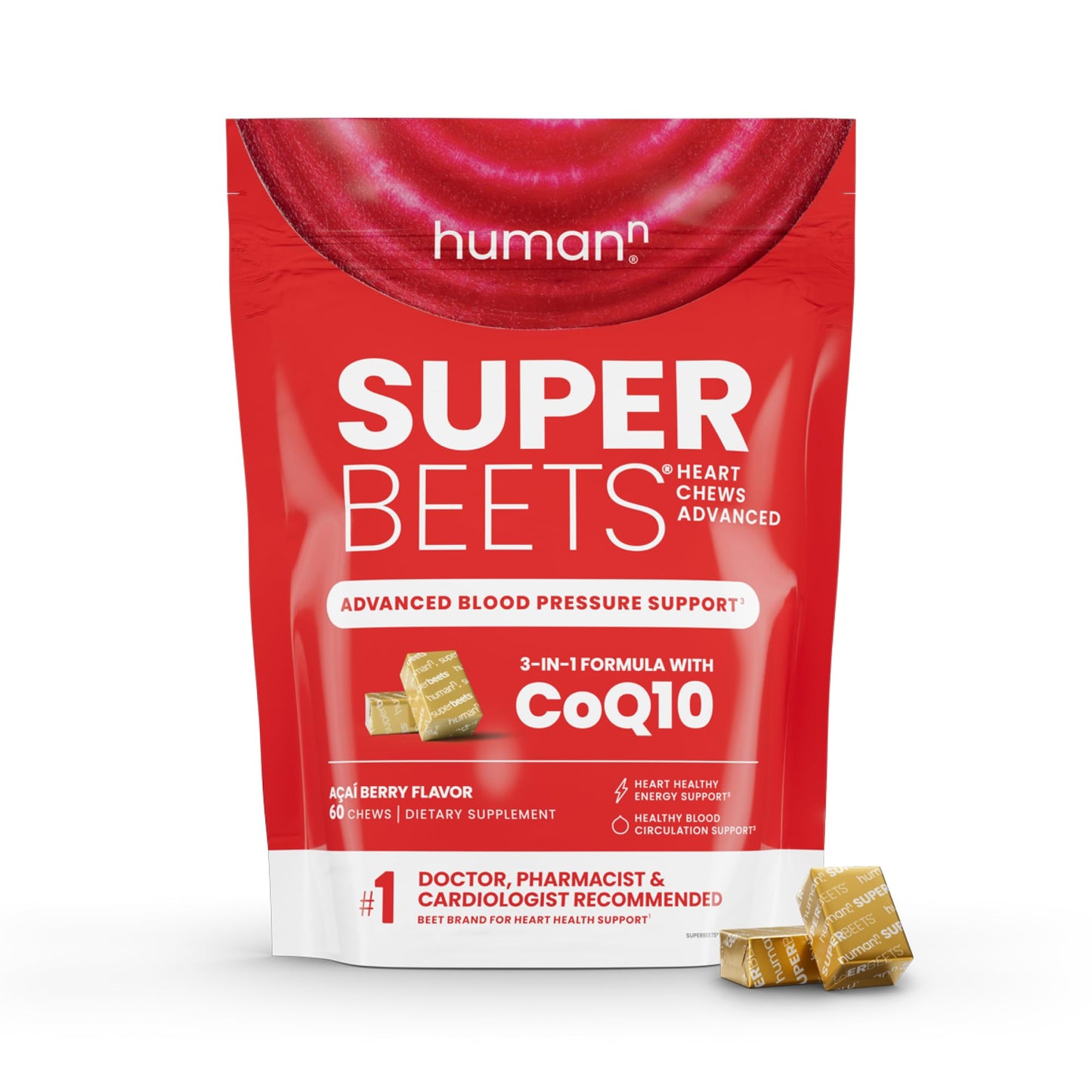 Humann SuperBeets Heart Chews Advanced – 100mg CoQ10 + Beetroot & Grape Seed, 60 Count