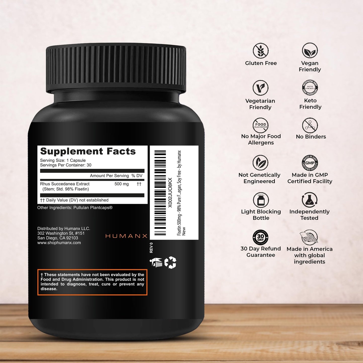 HUMANX Fisetin 500mg – 98% Pure Fisetin Supplement | Senolytic Activator | USA Made Non-GMO Capsules