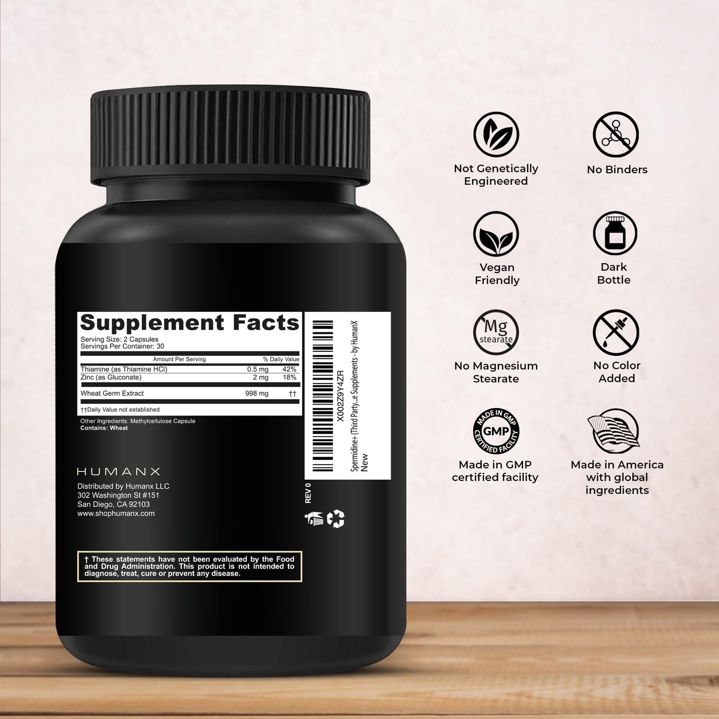 HUMANX Spermidine+ (USA Third Party Tested) – Spermidine-Rich Wheat Germ Extract + Zinc for Healthy Aging