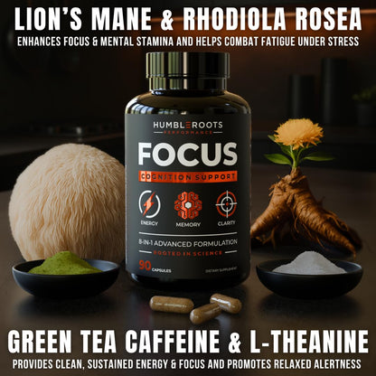 FOCUS by HUMBLEROOTS PERFORMANCE – Advanced Nootropic Brain Support (Lion’s Mane, Caffeine, L-Theanine) 90 Capsules