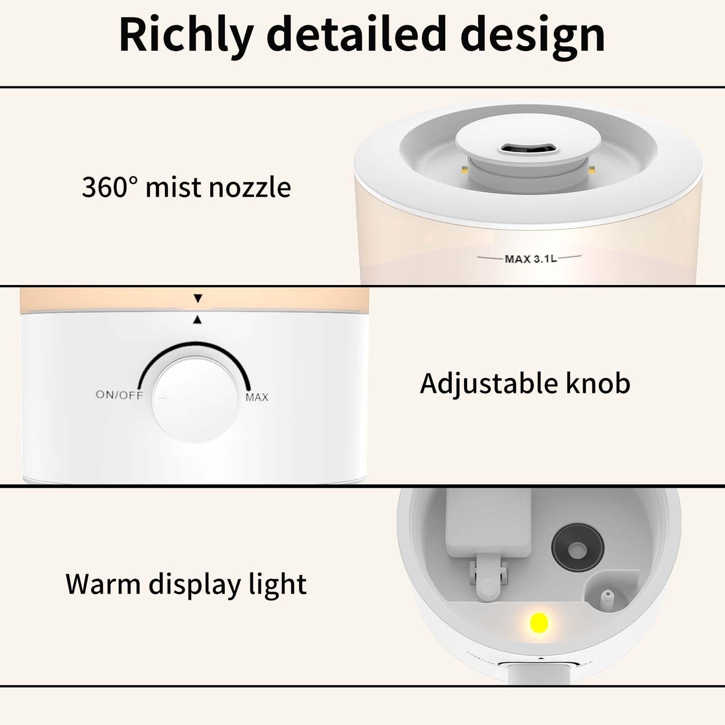 Humidifiers for Bedroom - 3.1L Top Fill Cool Mist, 360-degree Nozzle, 25W Ultrasonic