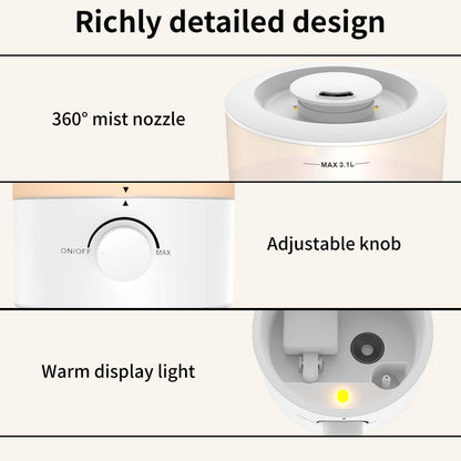 Humidifiers for Bedroom - 3.1L Top Fill Cool Mist, 360-degree Nozzle, 25W Ultrasonic