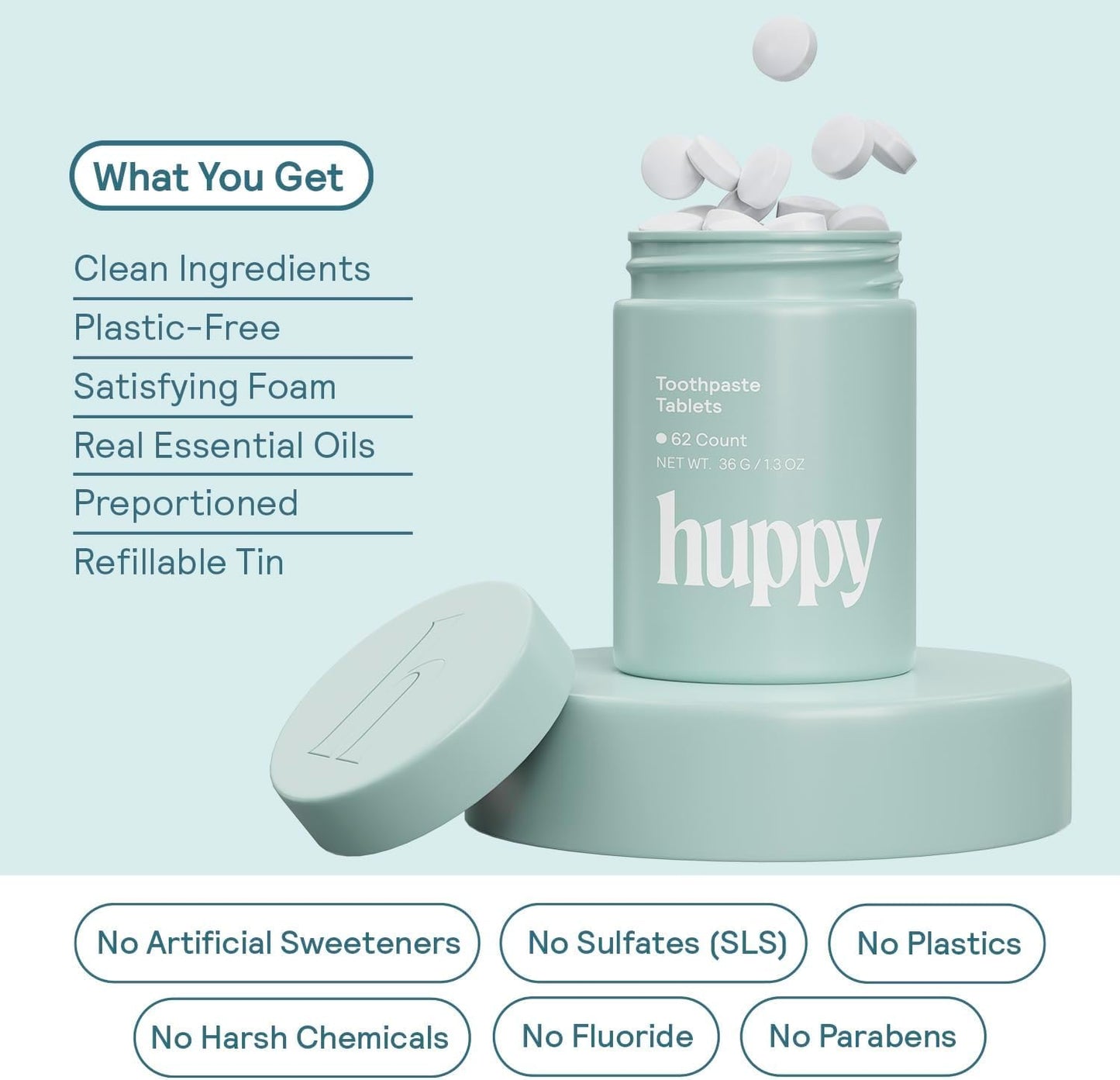 HUPPY Toothpaste Tablets – Nano Hydroxyapatite, Fluoride-Free Whitening, Charcoal Flavor, 62 Count