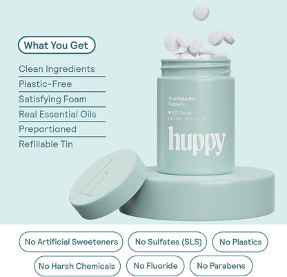 HUPPY Toothpaste Tablets – Nano Hydroxyapatite, Fluoride-Free Whitening, Charcoal Flavor, 62 Count
