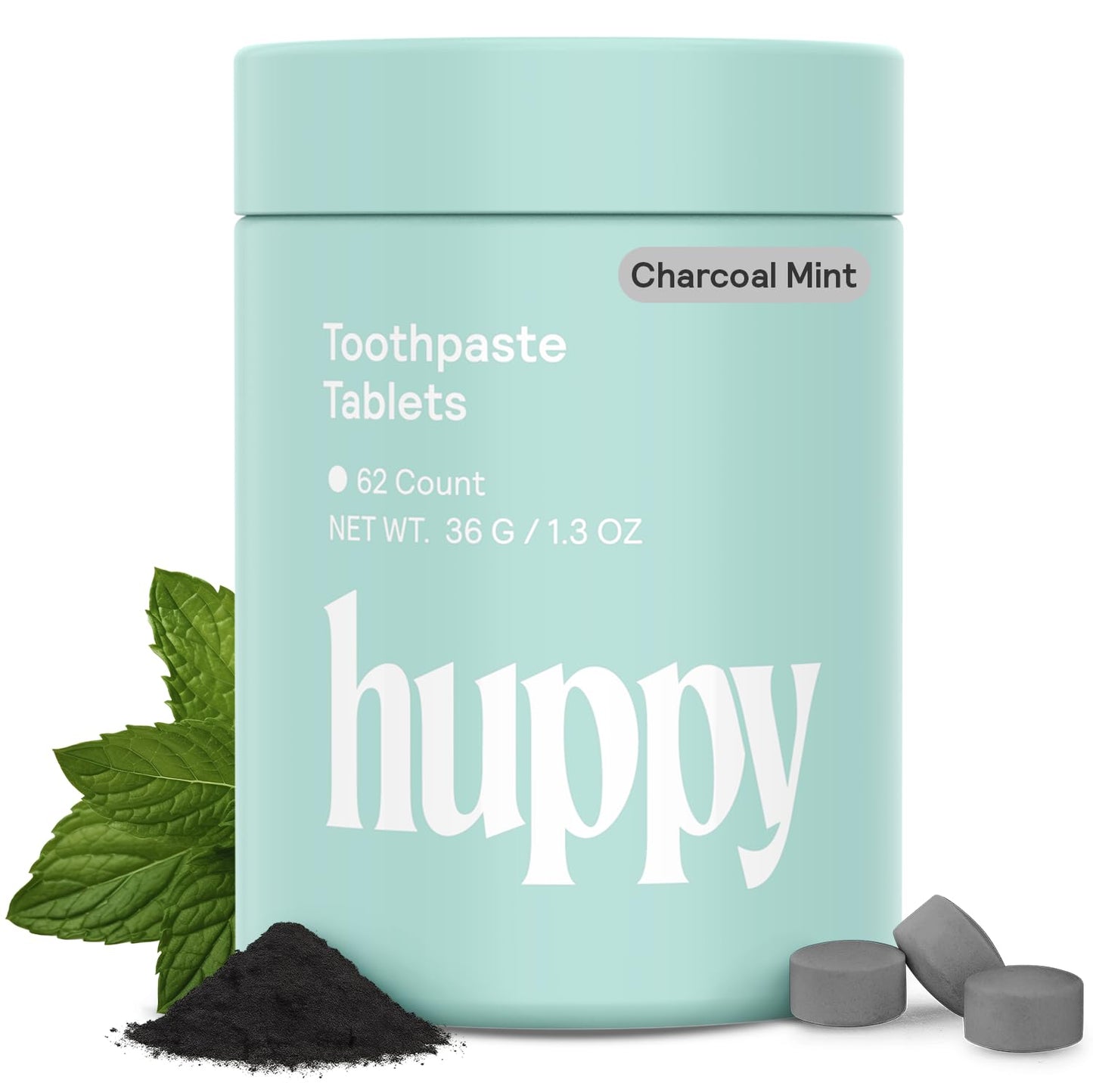 HUPPY Toothpaste Tablets – Nano Hydroxyapatite, Fluoride-Free Whitening, Charcoal Flavor, 62 Count