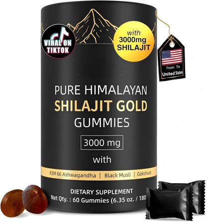 HWAXIGO 3000mg Himalayan Shilajit Gummies Gold – Organic, Non-GMO, 60 Gummies