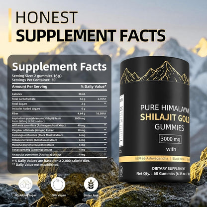 HWAXIGO 3000mg Himalayan Shilajit Gummies Gold – Organic, Non-GMO, 60 Gummies