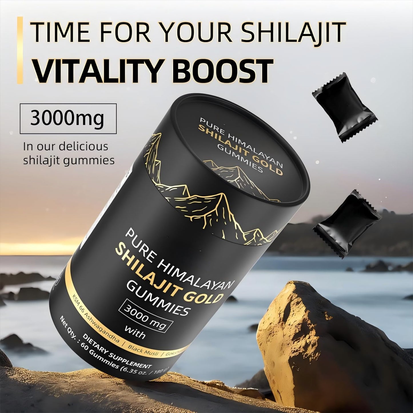 HWAXIGO 3000mg Himalayan Shilajit Gummies Gold – Organic, Non-GMO, 60 Gummies