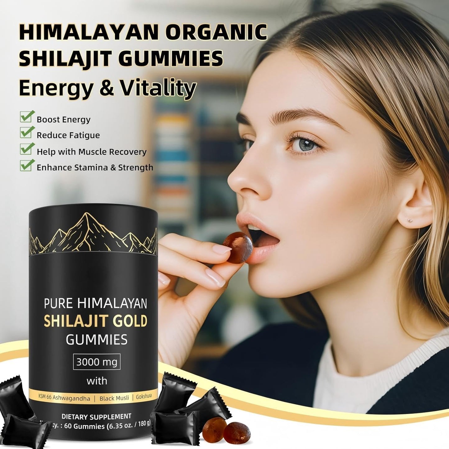 HWAXIGO 3000mg Himalayan Shilajit Gummies Gold – Organic, Non-GMO, 60 Gummies