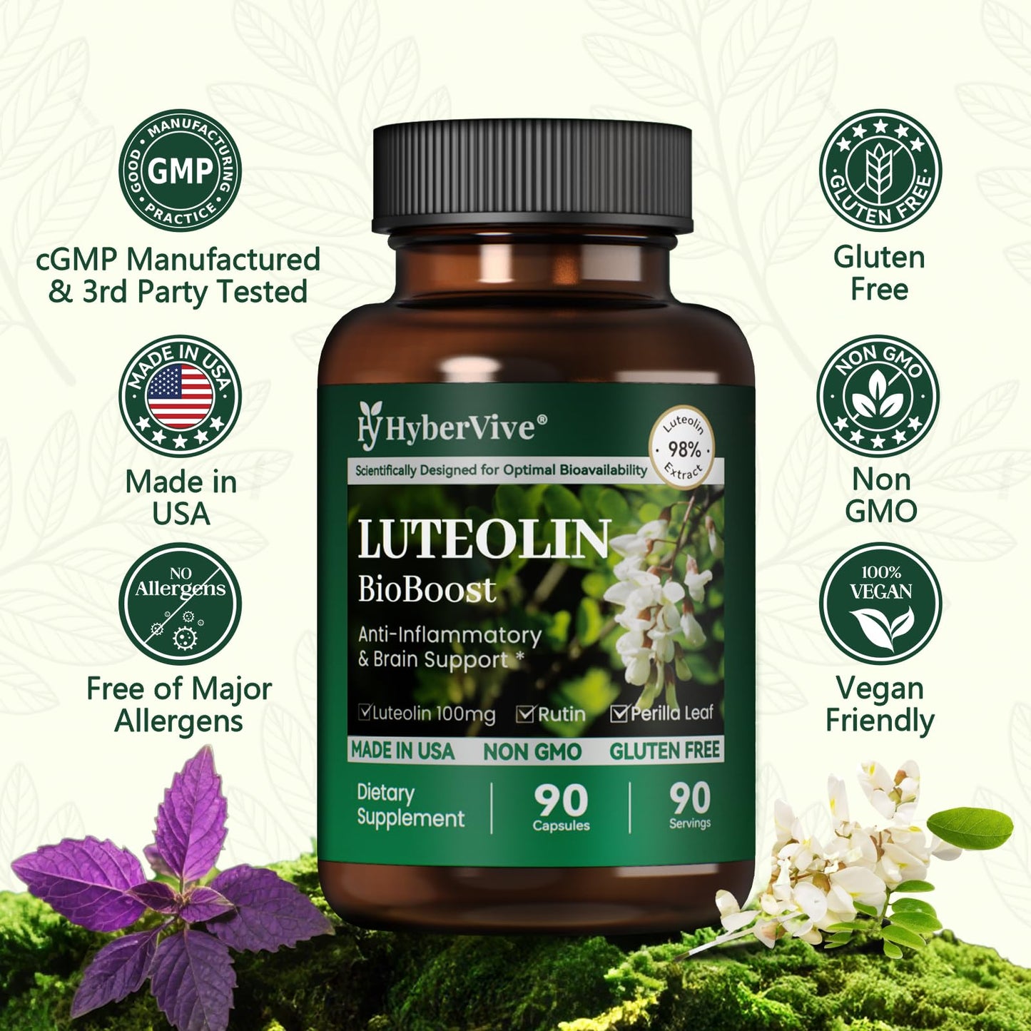 HyberVive Luteolin 200mg with Rutin & Perilla – Brain Health & Immunity – Made in USA