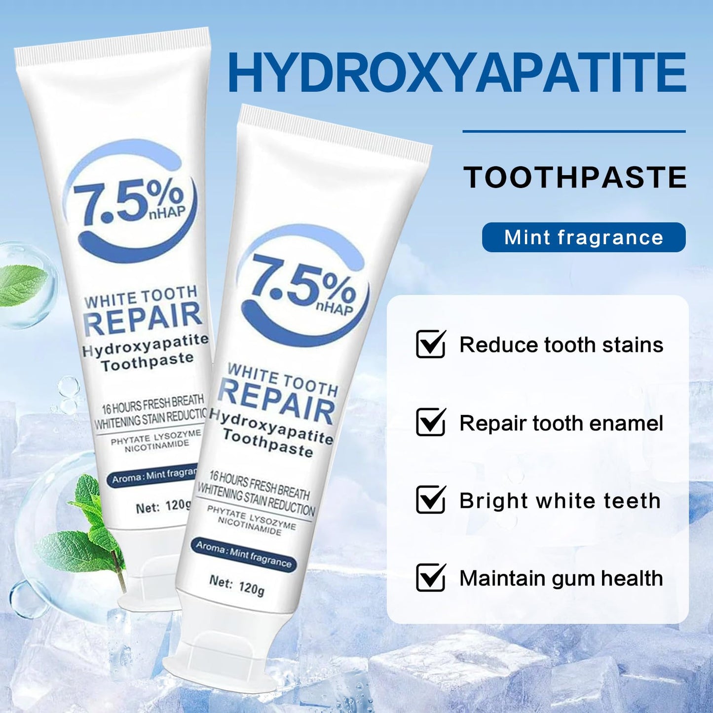 2-Pack Hydroxyapatite Toothpaste - Deep Cleansing, Enamel Protection, Gentle Formula, Fresh Mint for Sensitive Teeth