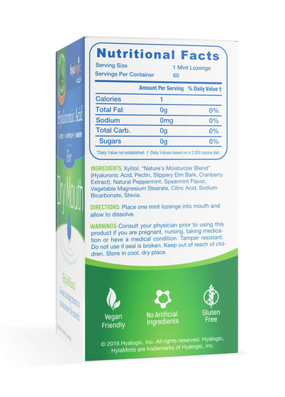 HylaMints Breath Mints for Dry Mouth – Sugar Free Mint Flavor with Hyaluronic Acid, Cranberry Extract, Xylitol, Slippery Elm & Orange Pectin | 60 Count