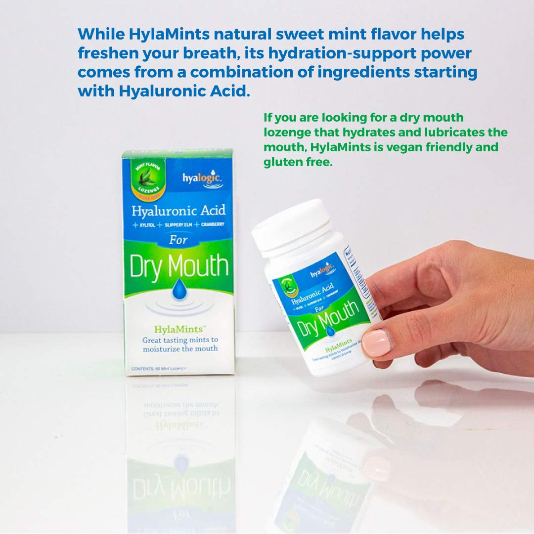 HylaMints Breath Mints for Dry Mouth – Sugar Free Mint Flavor with Hyaluronic Acid, Cranberry Extract, Xylitol, Slippery Elm & Orange Pectin | 60 Count