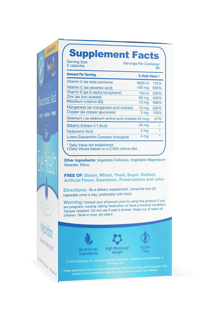 HylaVision Eye Health Supplement - Hyaluronic Acid, Lutein & Zeaxanthin | Eye Vitamins A, C, E and Zinc | 120 Capsules