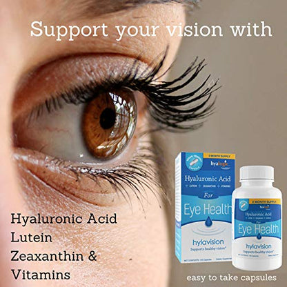 HylaVision Eye Health Supplement - Hyaluronic Acid, Lutein & Zeaxanthin | Eye Vitamins A, C, E and Zinc | 120 Capsules