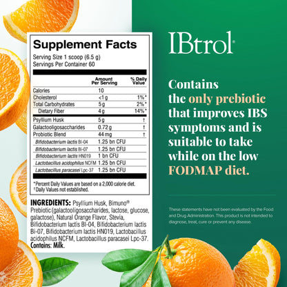 IBtrol 3-in-1 IBS Gut Health Supplement – Psyllium, Prebiotic & Probiotics | 60 Servings, Natural Orange