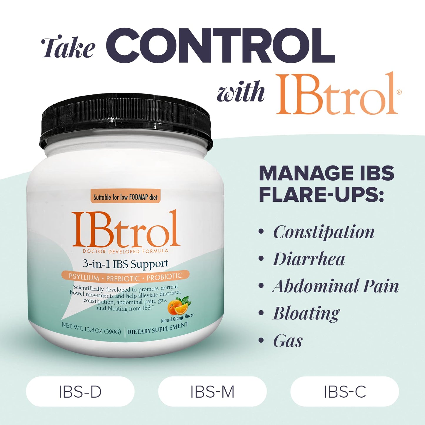 IBtrol 3-in-1 IBS Gut Health Supplement – Psyllium, Prebiotic & Probiotics | 60 Servings, Natural Orange
