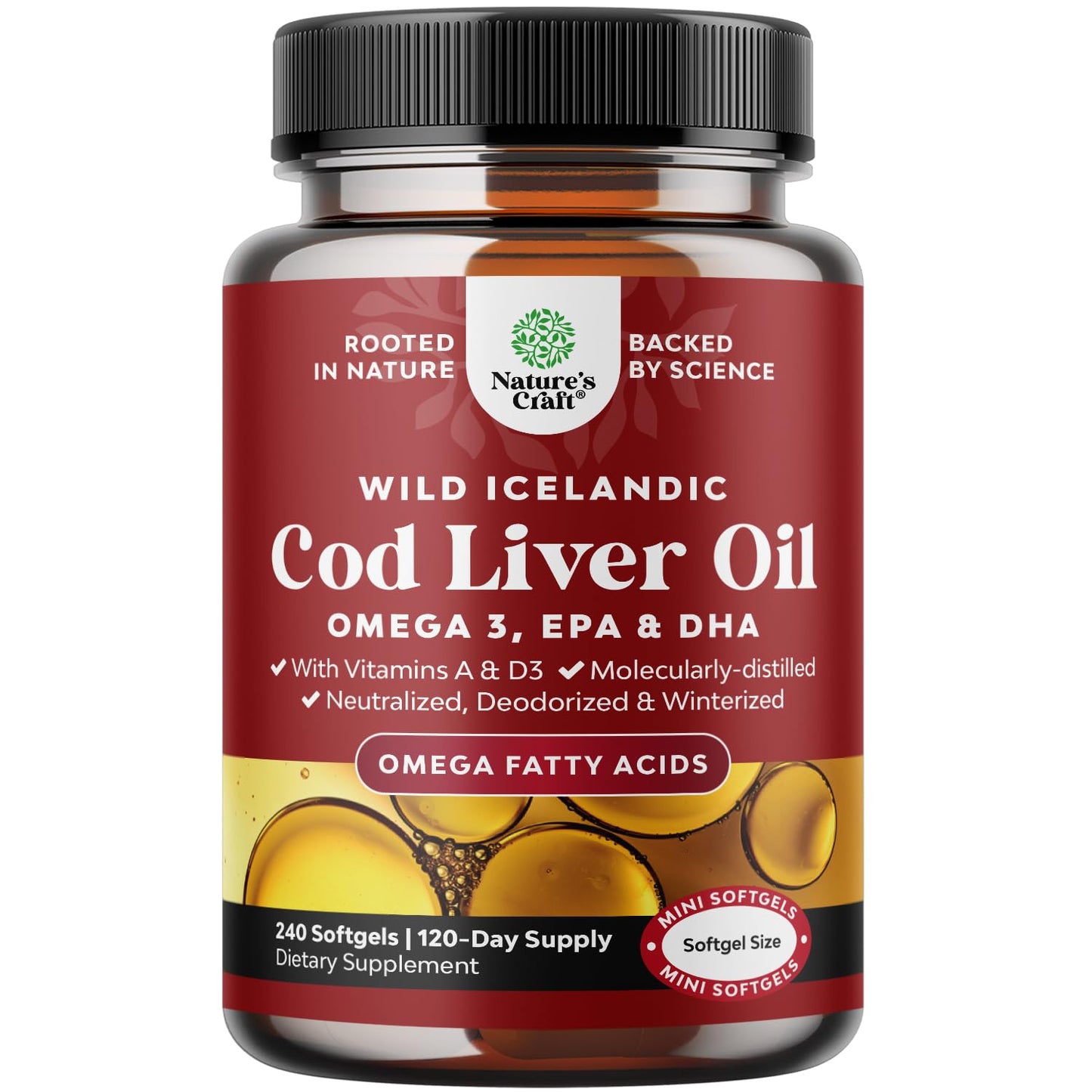 Icelandic Wild-Caught Cod Liver Oil Softgels – 1000mg Omega-3, EPA/DHA, Vitamin A & D – 240 Count