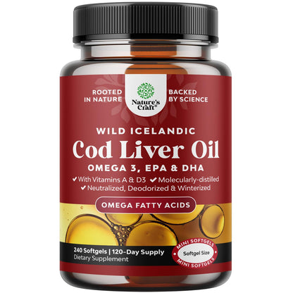 Icelandic Wild-Caught Cod Liver Oil Softgels – 1000mg Omega-3, EPA/DHA, Vitamin A & D – 240 Count