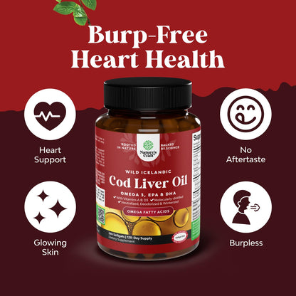 Icelandic Wild-Caught Cod Liver Oil Softgels – 1000mg Omega-3, EPA/DHA, Vitamin A & D – 240 Count