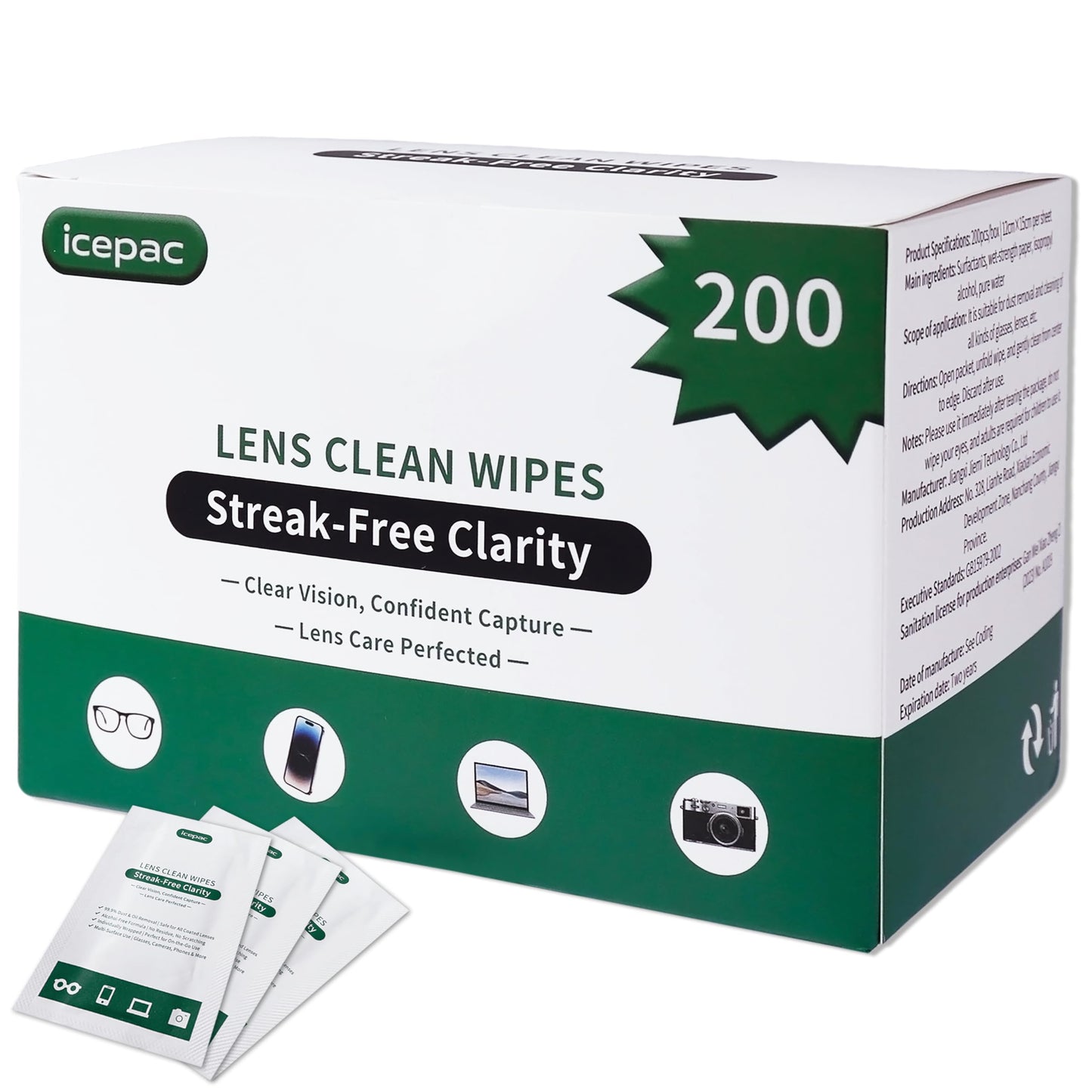 Icepac Lens Wipes for Eyeglasses – 200-Pack, 5x6 in – On-the-Go Cleaning for Glasses, Sunglasses, Phones & Cameras