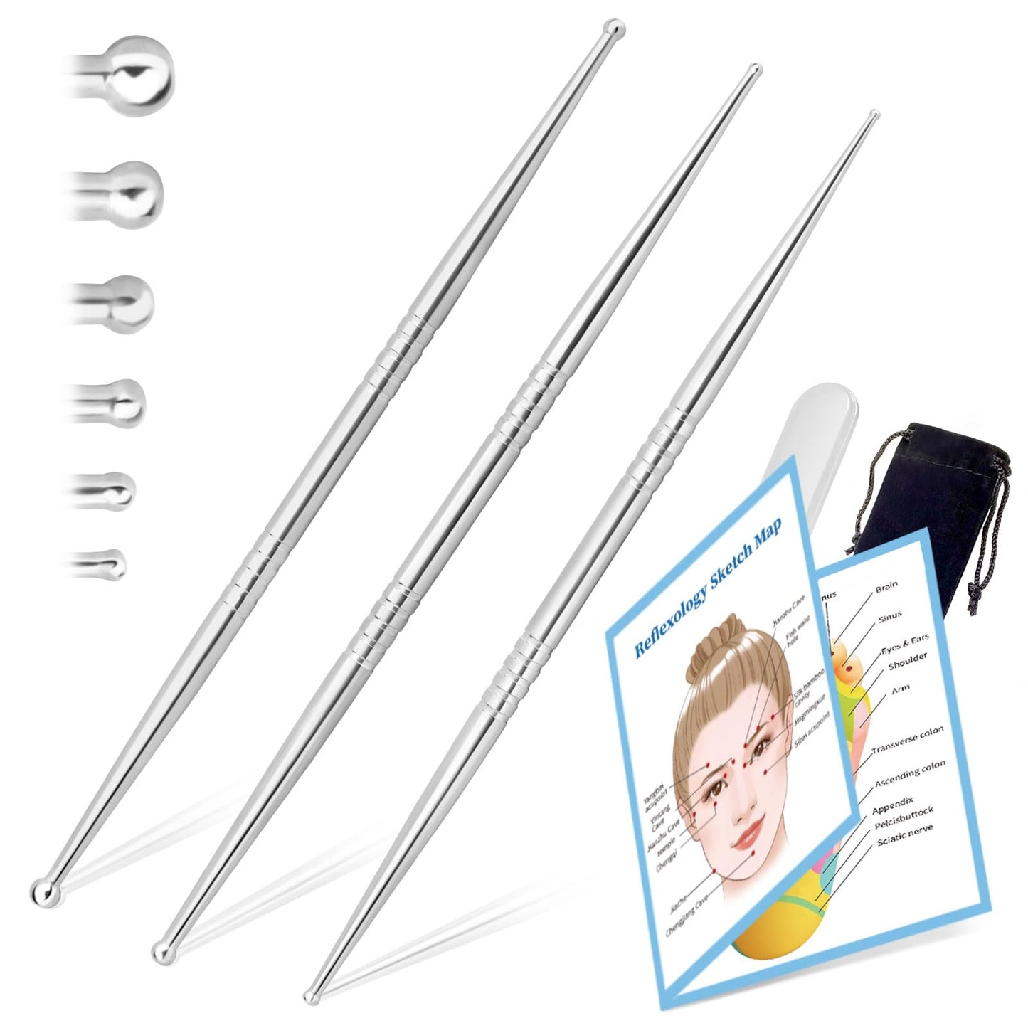 ideayard Facial Reflexology Massage Tool – 3-Piece, 6-Size Headed Stainless Steel Acupuncture Pen Set