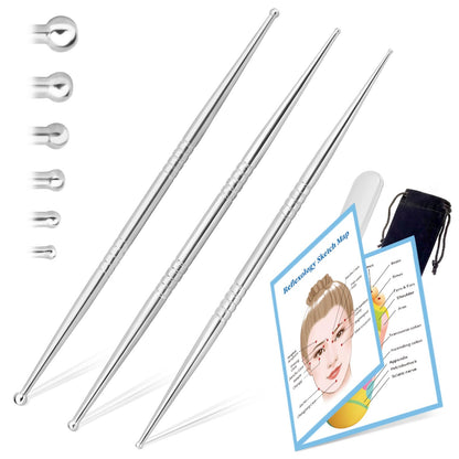 ideayard Facial Reflexology Massage Tool – 3-Piece, 6-Size Headed Stainless Steel Acupuncture Pen Set