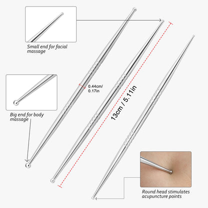 ideayard Facial Reflexology Massage Tool – 3-Piece, 6-Size Headed Stainless Steel Acupuncture Pen Set