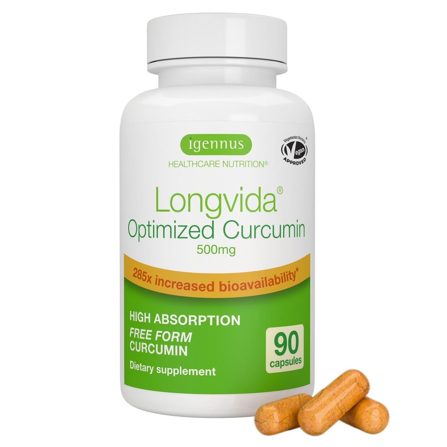 Igennus Longvida Curcumin 500mg – Ultra Bioavailable, 65x Plasma Levels, 90 Vegan Capsules
