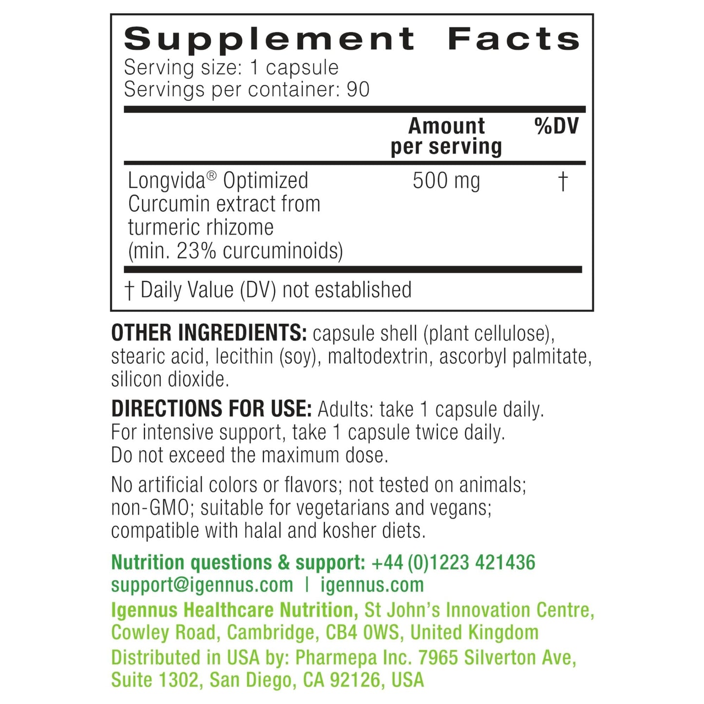 Igennus Longvida Curcumin 500mg – Ultra Bioavailable, 65x Plasma Levels, 90 Vegan Capsules