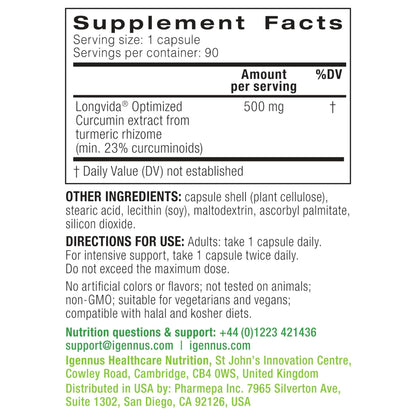 Igennus Longvida Curcumin 500mg – Ultra Bioavailable, 65x Plasma Levels, 90 Vegan Capsules