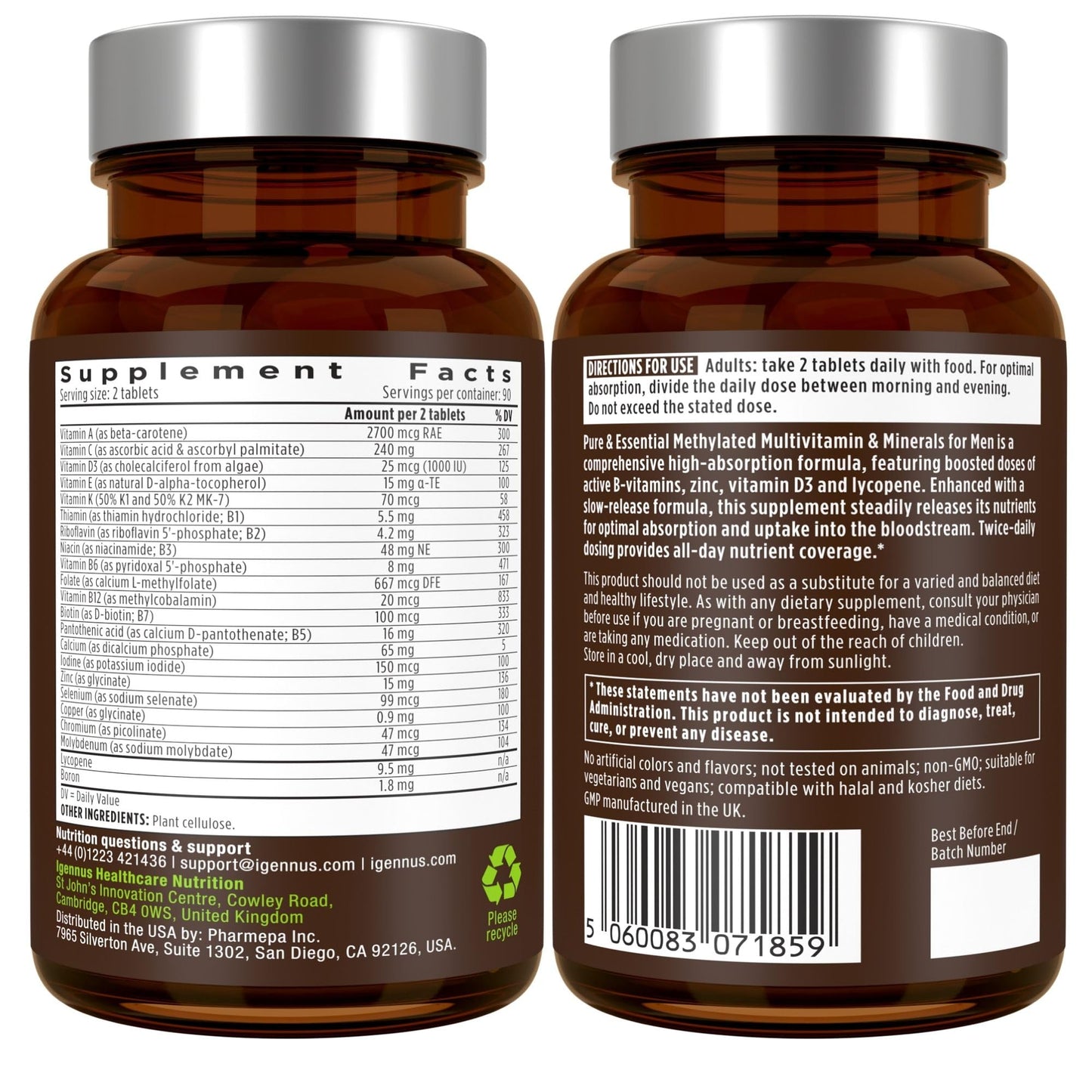 Igennus Methylated Men's Multivitamin – 22 Actives, All-Day Support, Non-GMO & Halal