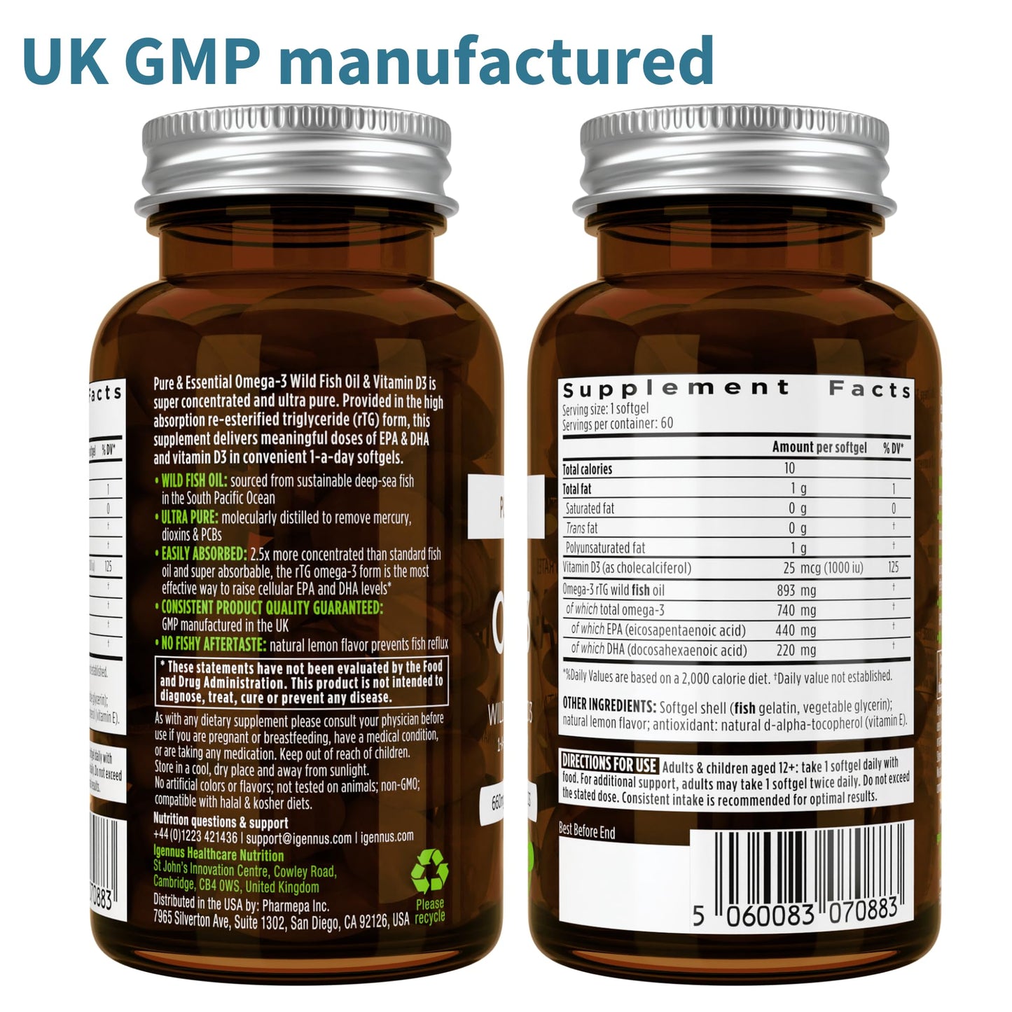 Igennus Advanced rTG Omega-3 IFOS Wild Fish Oil + Vitamin D3, 360 Softgels