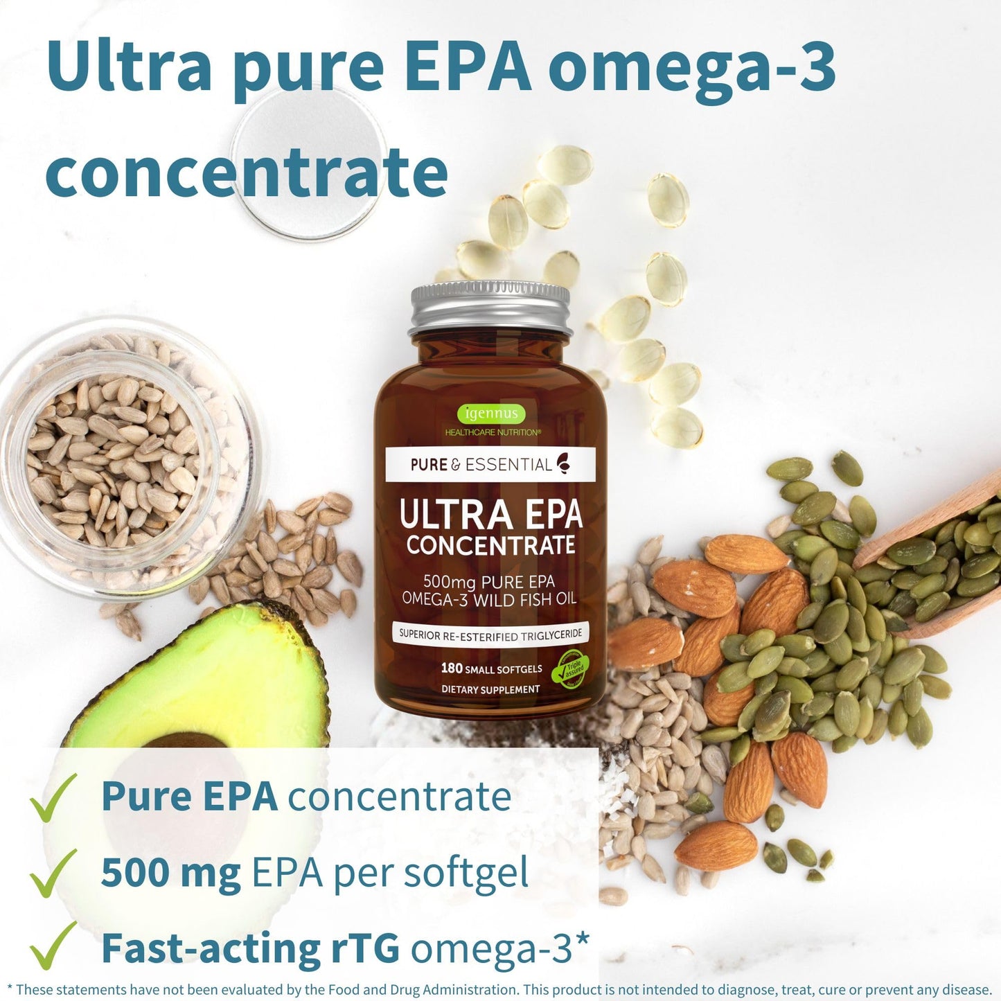 Igennus Ultra Pure Omega-3 EPA 500mg | IFOS Certified, rTG Wild Fish Oil