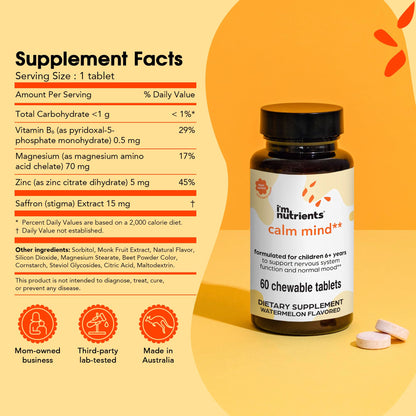 I'm Nutrients Calm Mind for Kids — Saffron, Zinc, Magnesium & Vitamin B6 | 60 Chewable Tablets
