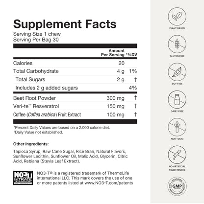 Humann SuperBeets Brain Supplements for Memory and Focus Chews, Mental Alertness, Clinically Studied Nootropics, Resveratrol Supplement Plus Beet Root Powder, Blueberry Pomegranate Flavor, 30 Count