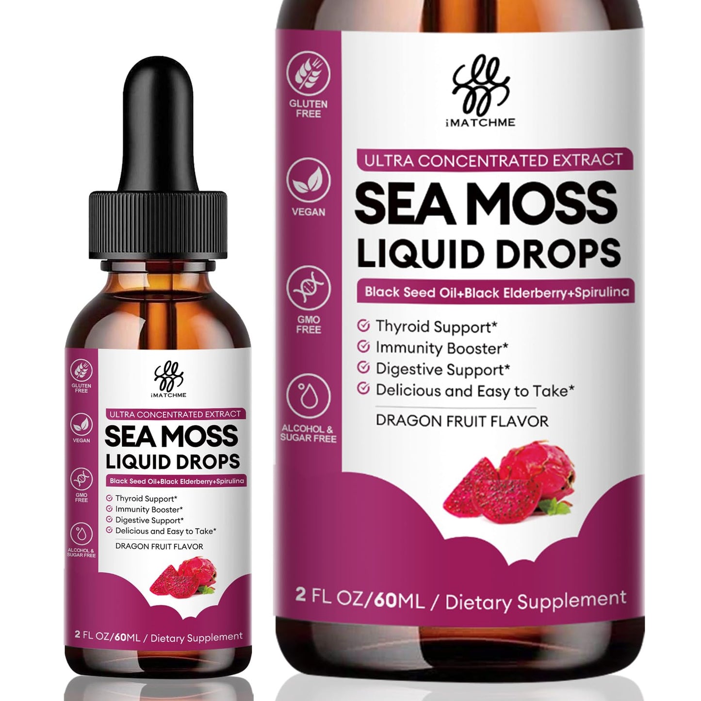 iMATCHME Sea Moss 7-in-1 Liquid Drops with Black Seed Oil | Immune, Digestive & Energy | Dragon Fruit Flavor, 2 fl oz