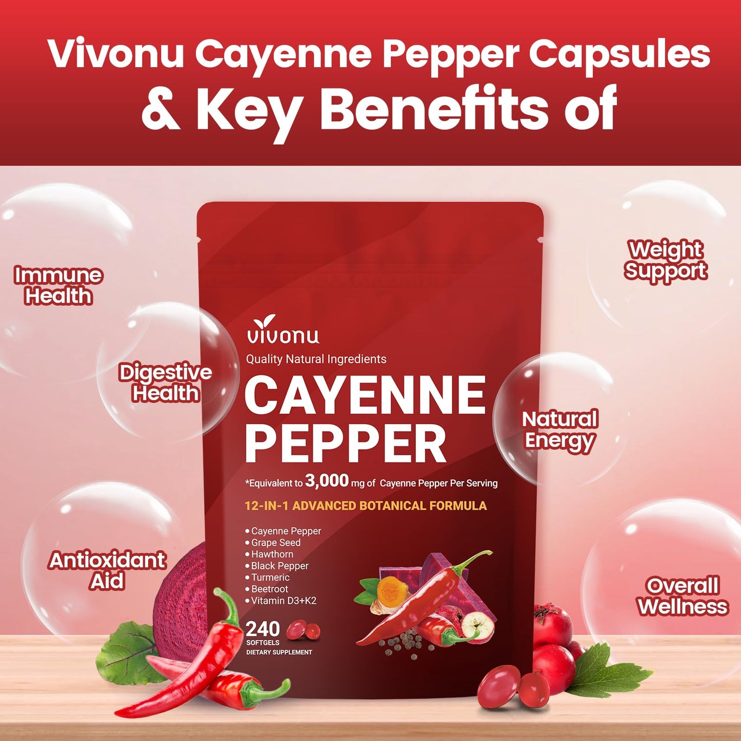 Cayenne Pepper Softgels Supplement, Supports Leg Vein, Heart and Blood Vessel Health, with Vitamin E D3+K2 and Extracts of Grape Seed, Hawthorn, Beetroot, Berberine and Others (240 Softgels / 1 Pack)