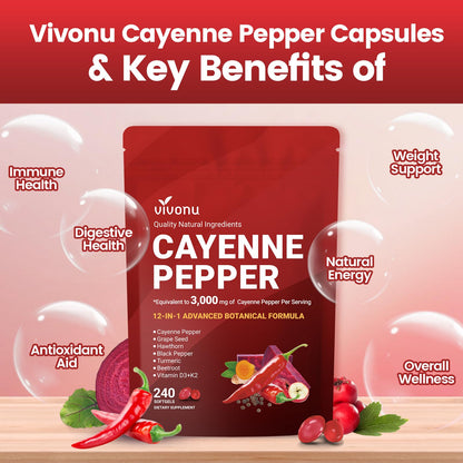 Cayenne Pepper Softgels Supplement, Supports Leg Vein, Heart and Blood Vessel Health, with Vitamin E D3+K2 and Extracts of Grape Seed, Hawthorn, Beetroot, Berberine and Others (240 Softgels / 1 Pack)