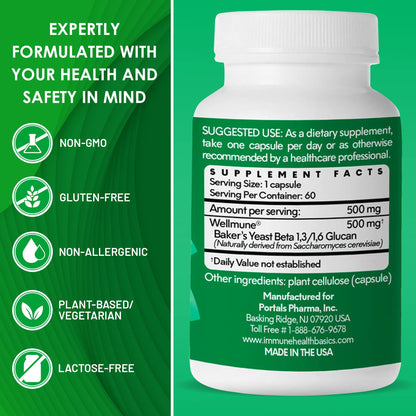 Immune Health Basics Ultra Strength Immunity – Clinically Studied Beta Glucan, Gluten-Free Vegan Capsules, 60 Count, 500 mg