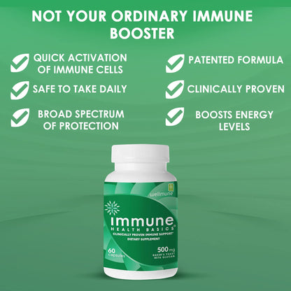 Immune Health Basics Ultra Strength Immunity – Clinically Studied Beta Glucan, Gluten-Free Vegan Capsules, 60 Count, 500 mg