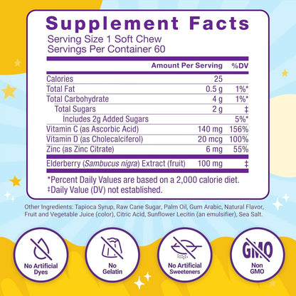 Immune Health Super Chews for Kids | Vitamin C, D, Zinc & Elderberry