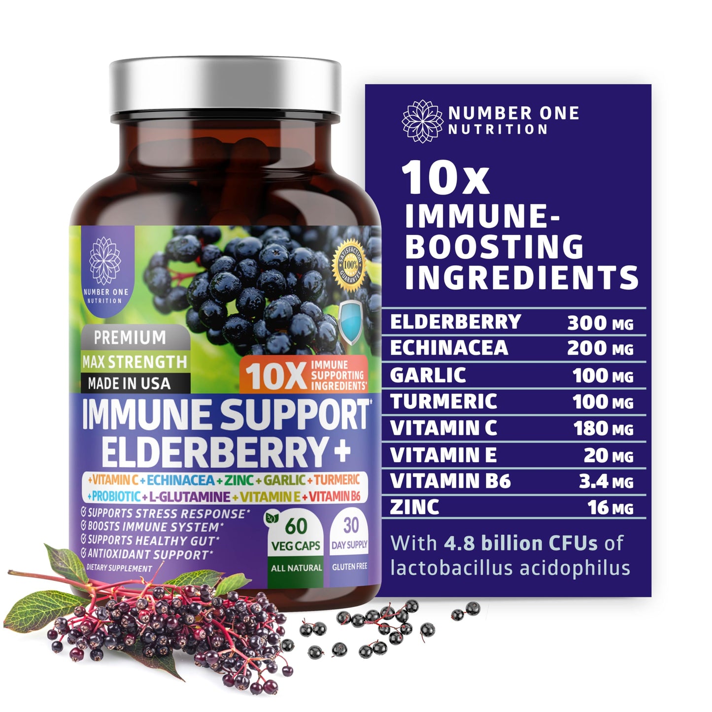 Premium 10-in-1 Immune Support Supplement with Elderberry & Probiotics – 60 Veg Caps