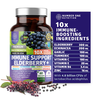 Premium 10-in-1 Immune Support Supplement with Elderberry & Probiotics – 60 Veg Caps