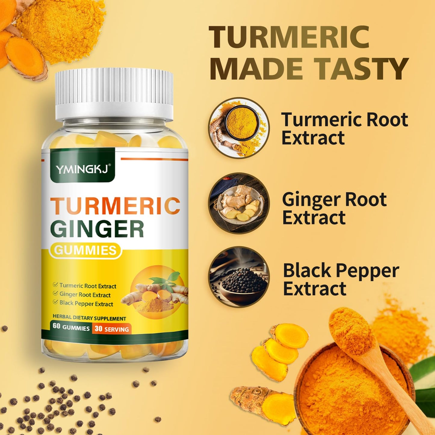 Turmeric Ginger Gummies with Black Pepper - 500 mg Curcumin for Immune Support | 60 Count