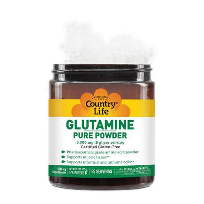 Country Life Glutamine Pure Powder 5000mg – 55 Servings | Gluten-Free Certified GFCO