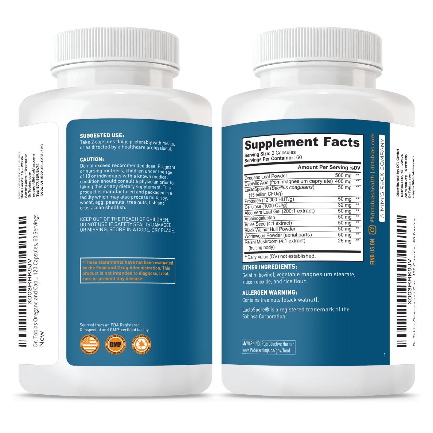 Dr. Tobias Oregano & Caprylic Acid Blend – Gut Flora Balance, Probiotics & Enzymes, 120 Capsules