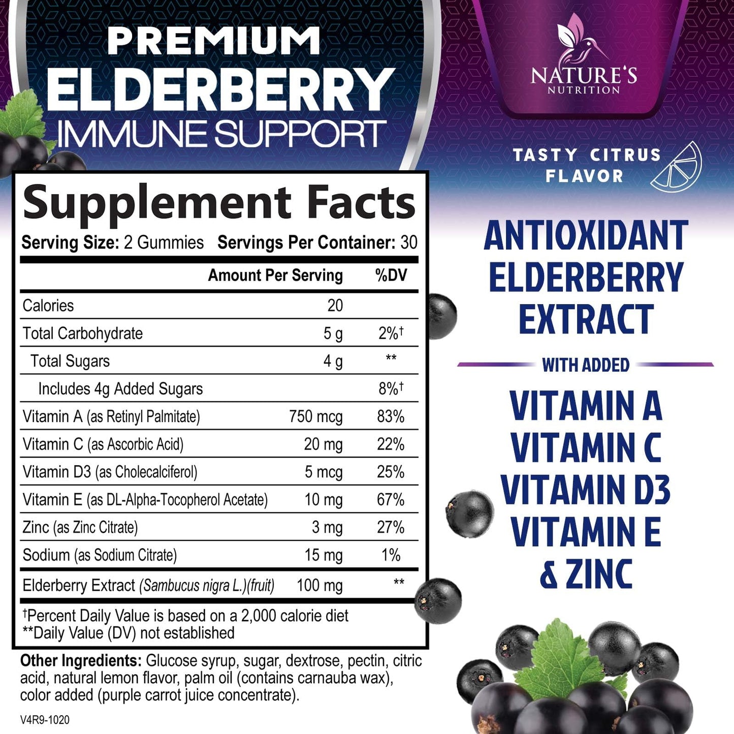 Immune Support Gummies - Sambucus Elderberry with Zinc & Vitamin C | Vegan Immune Support for Adults & Kids | 60 Gummies